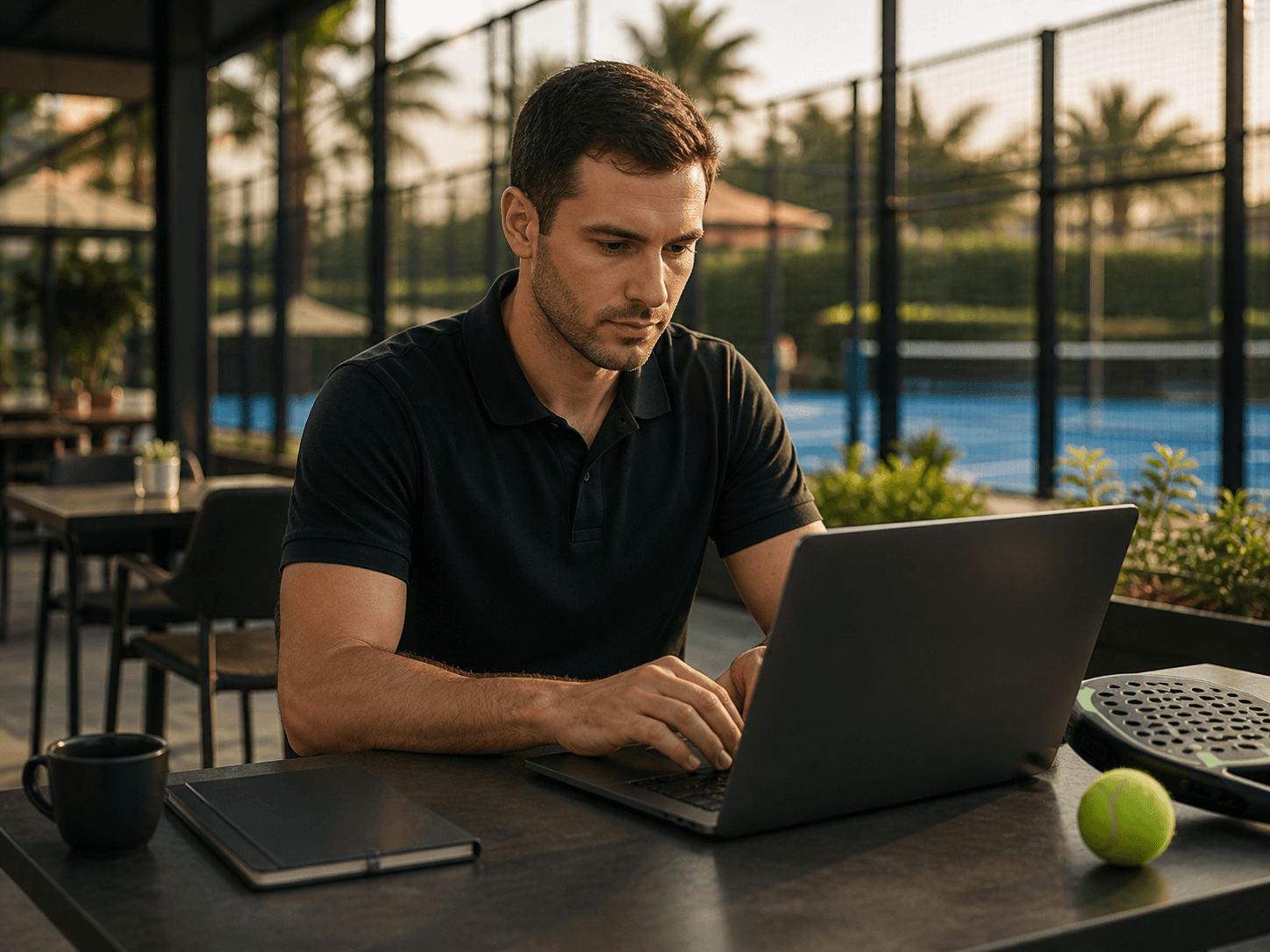 Administrador de club trabajando en una laptop junto a una cancha de pádel